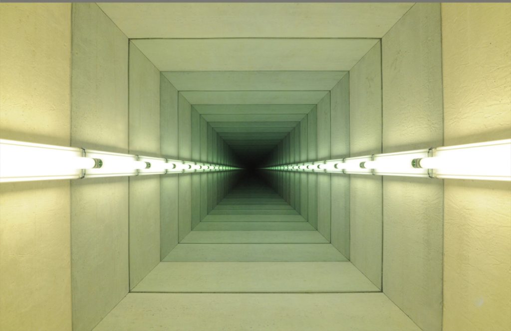 Chul_Hyun_Ahn,_-Tunnel_IV,-_2011_(two_views),_cast_concrete,_lights,_mirrors,_ed._of_3,_20x40x40_inches